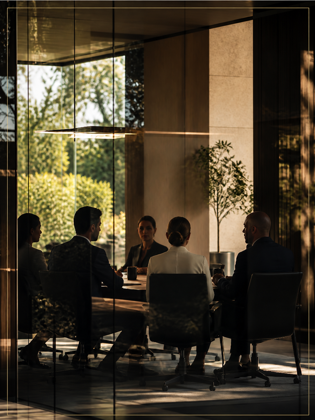 Leadership team in a shadowed glass boardroom at golden hour